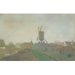 Hugh Williams - Windmill in Dutch town, Bruges, signed watercolour, mounted, framed and glazed, 54cm