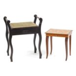 Mahogany piano stool with lift up seat and a musical Sorrento design occasional table, the stool