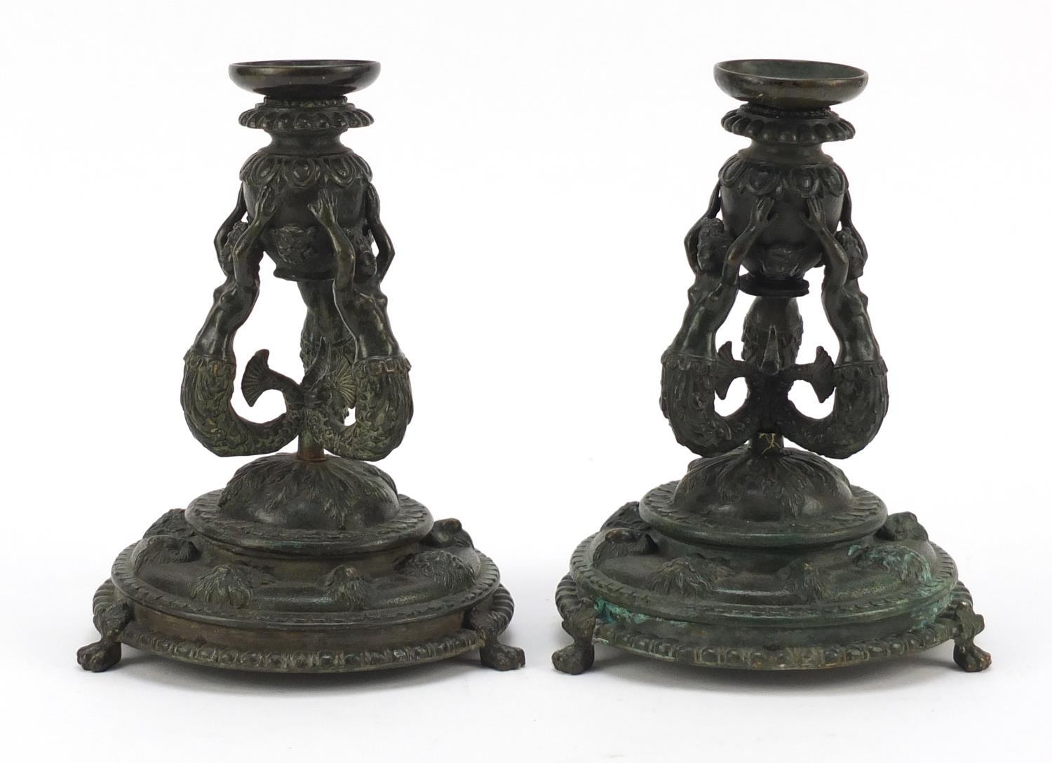 Pair of 19th century Renaissance style patinated bronze candlesticks, having detachable sconces - Image 3 of 6