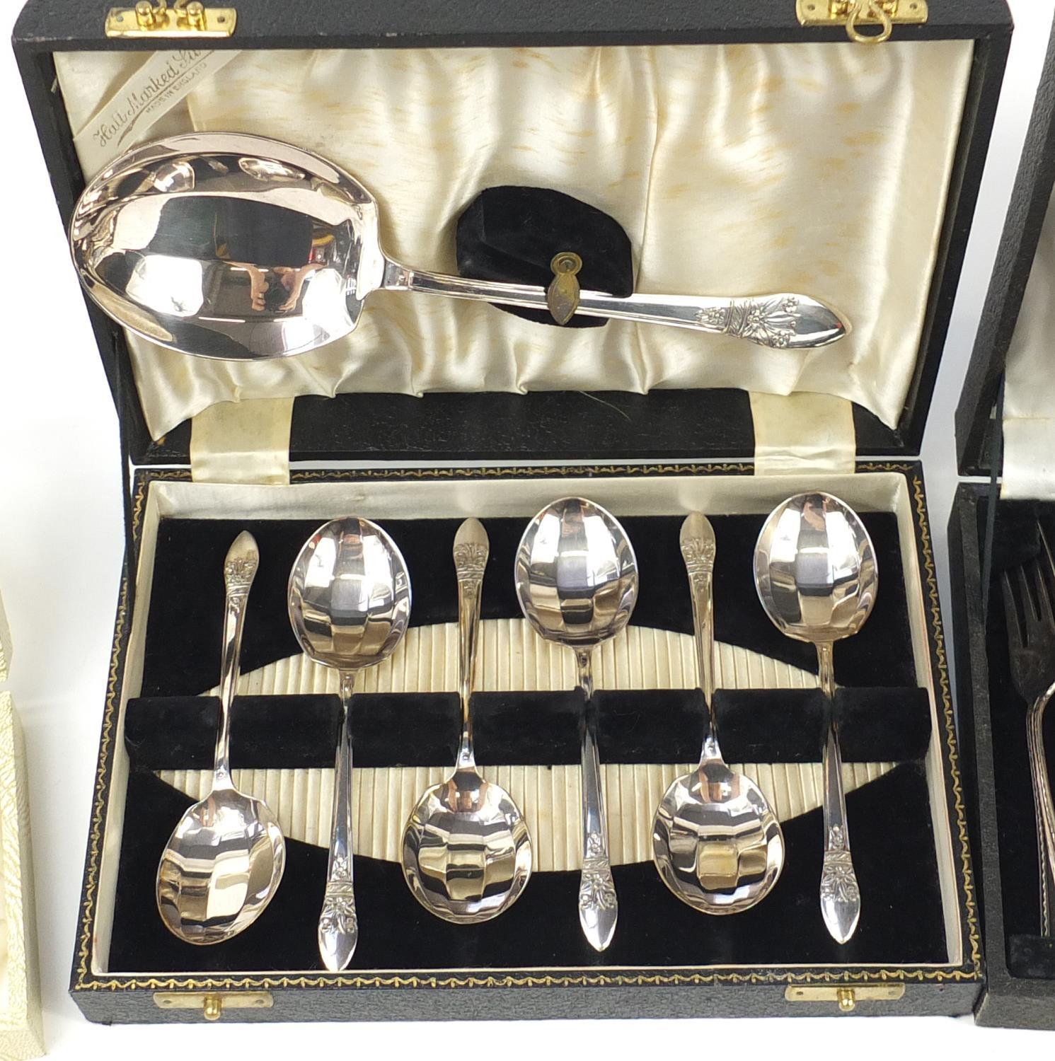 Five cutlery sets housed in fitted boxes, the largest 27.5cm wide : For Further Condition Reports - Image 6 of 15