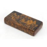 19th century lacquered treen snuff box, the hinged lid depicting a blind fiddley, 9.5cm wide : For