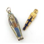 Egyptian Revival unmarked silver and enamel Tutankhamun pendant opening to reveal an enamel mummy,
