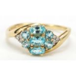 9ct gold blue topaz and diamond ring, size T, 2.3g : For Further Condition Reports Please Visit