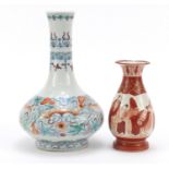 Chinese doucai porcelain bottle vase hand painted with bats and flowers and a Japanese Kutani