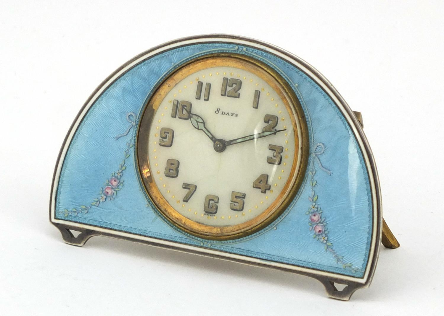 Continental silver and blue guilloche enamel eight day strut clock, the clock impressed S Child & - Image 2 of 6