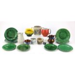 Victorian and later china including Majolica leaf plates, farming twin handled cup, John Haig