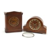 Art Deco inlaid walnut mantle clock with Westminster chime and one other, the largest 31cm high :