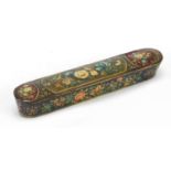 Persian lacquered pen box, hand painted with birds and flowers, 21.5cm in length : For Further