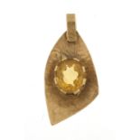Modernist 9ct gold citrine leaf pendant, 3.6cm in length, 4.8g : For Further Condition Reports