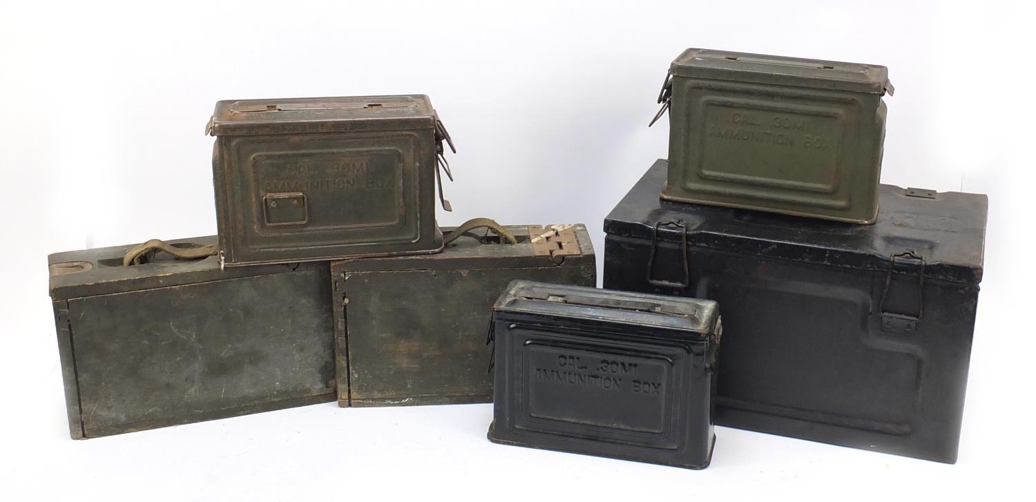 Five military interest wooden and tin ammunition cases and one other, the largest 45cm wide : For