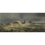 Richard Short RCA - Ship on stormy seas with lighthouse jetty, 19th century oil on canvas, mounted