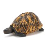 Anglo-Indian star tortoise tea caddy with ebony, fruitwood and exotic inlay, 26cm in length : For