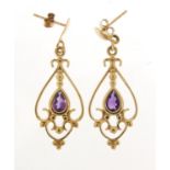 Pair of 9ct gold amethyst drop earrings, 2.7cm in length, 2.2g : For Further Condition Reports
