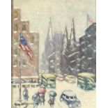 After Guy Wiggins - American winter street scene, oil on board, framed, 23cm x 18cm excluding the