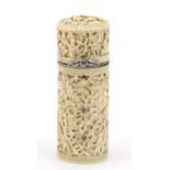 Good Chinese Canton ivory cylindrical pot with hinged lid and silver mount, finely carved with
