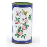 Chinese Canton enamel brush pot hand painted with birds and butterflies amongst flowers and peaches,