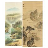 Two Chinese wall hanging scrolls depicting river landscapes : For Further Condition Reports Please