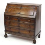 Oak Jacobean style bureau with three drawers, 93cm H x 92cm x 43cm D : For Further Condition Reports