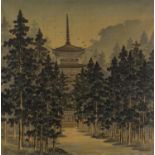 Chinese textile depicting a pagoda through trees with red seal marks, framed and glazed, 57.5cm x