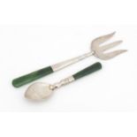 George V silver fork and teaspoon with nephrite handles, the spoon inscribed New Zealand to the