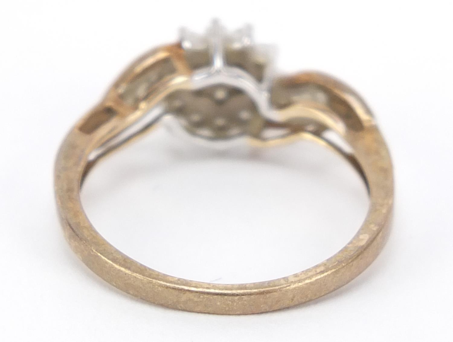 9ct gold diamond cluster ring with baguette diamond shoulders, size M, 2.2g : For Further - Image 3 of 6