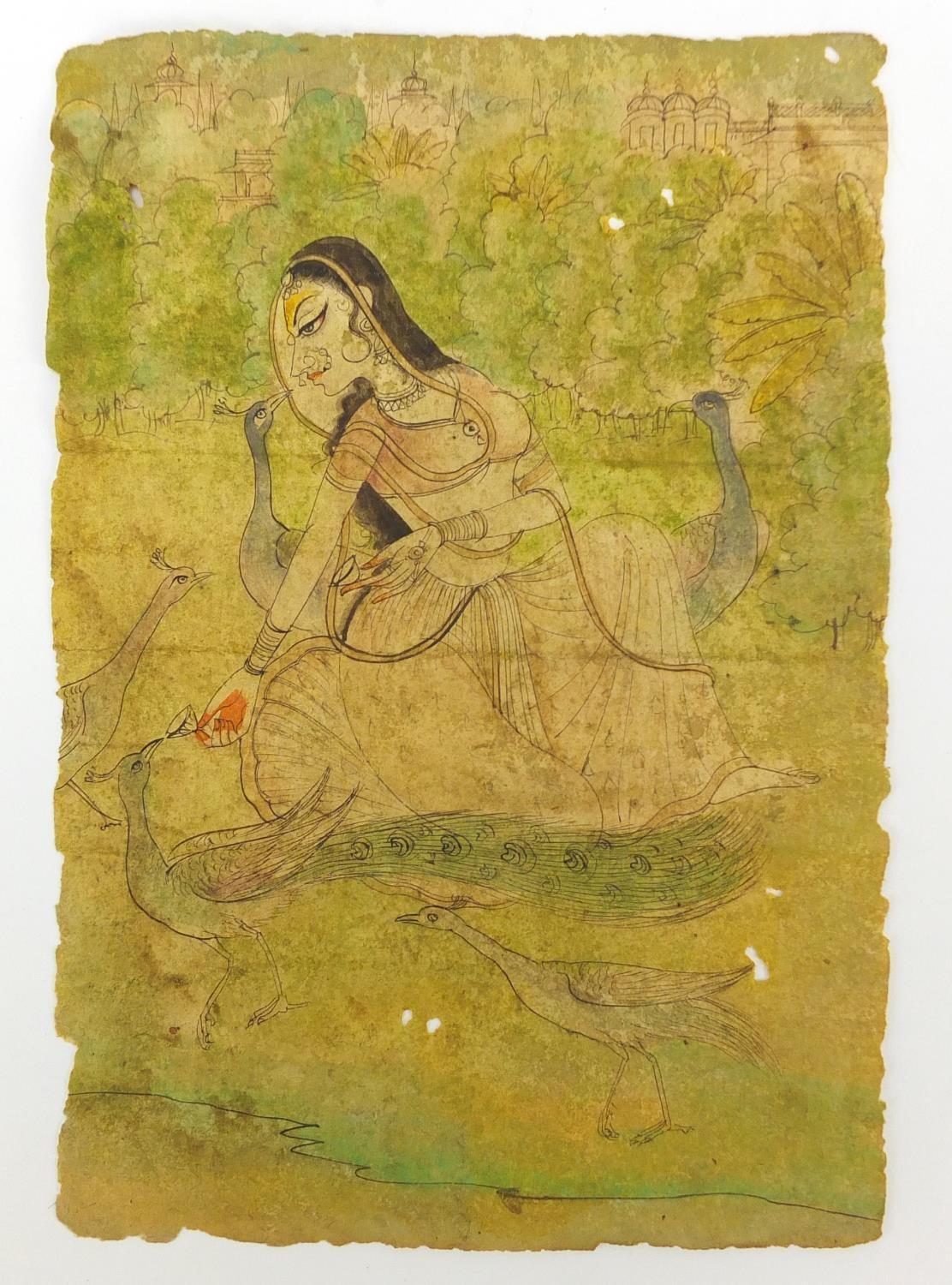 Royal lady feeding peacocks, 18th century Indian Bikaner school painting, unframed, 21cm x 14.