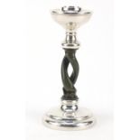 Silver candlestick with Bakelite design stem, indistinct hallmarks, 14cm high : For Further