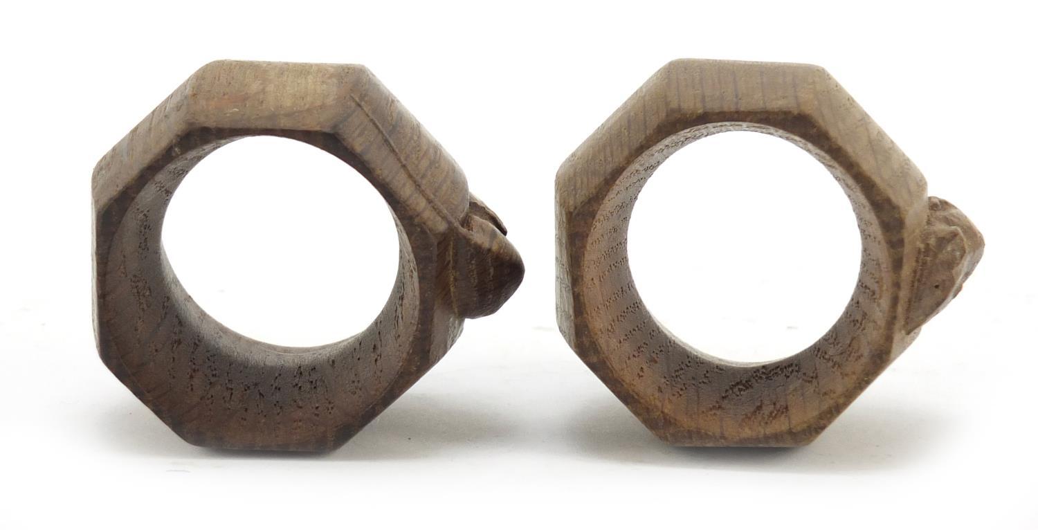 Robert Mouseman Thompson pair of octagonal adzed oak napkin rings, each carved with a signature - Image 5 of 6