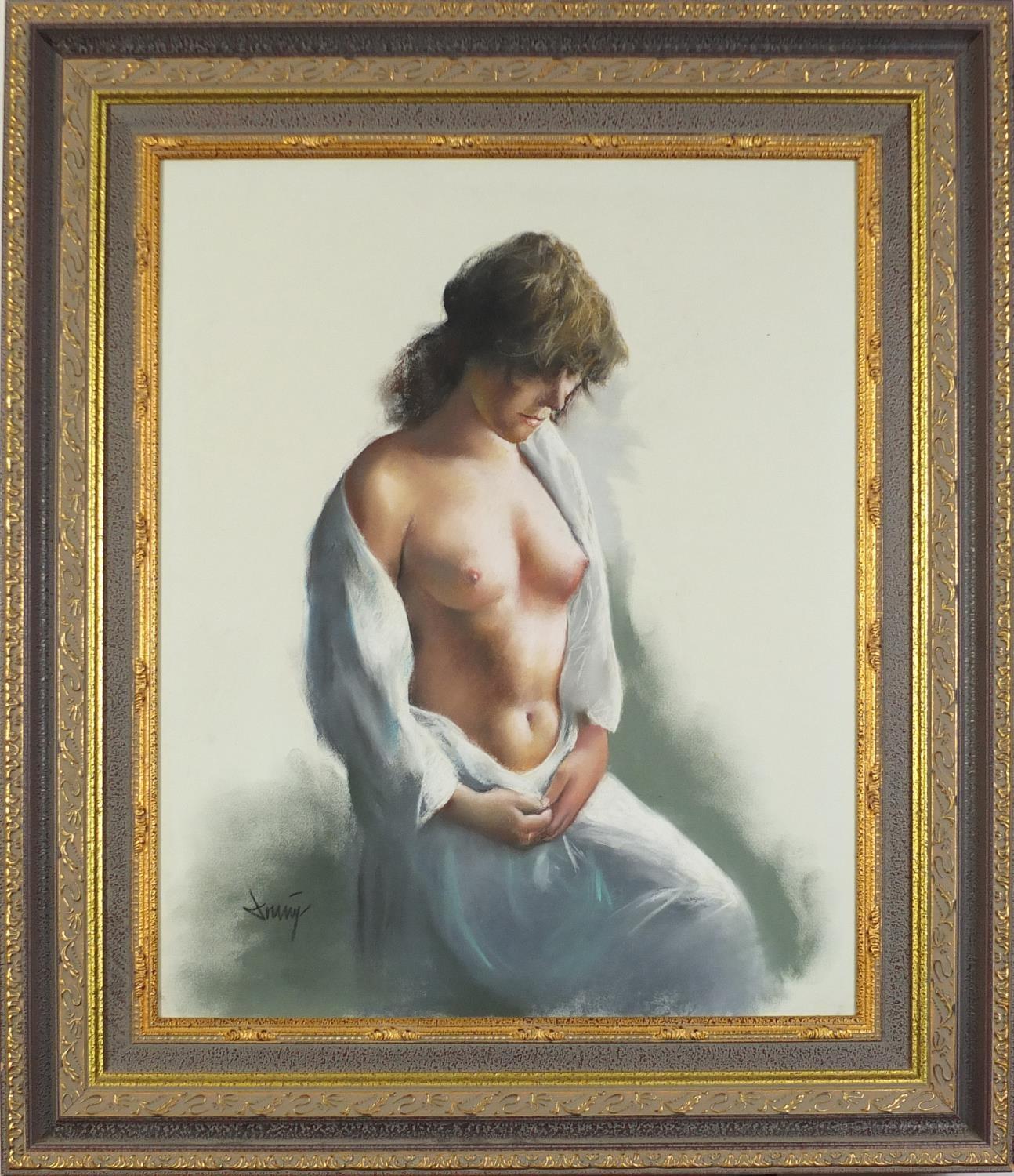 Portrait of a semi nude female, contemporary Impressionist pastel, bearing an indistinct - Image 2 of 4