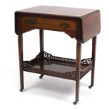 Inlaid rosewood drop leaf side table with frieze drawer above galleried under tier, 67cm H x 41cm