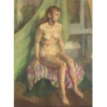 Seated nude female, oil on canvas, unframed, 67cm x 49.5cm : For Further Condition Reports Please