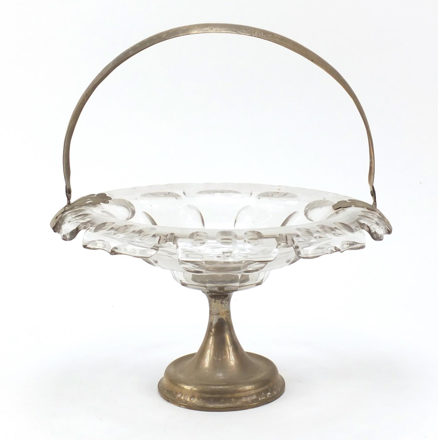 19th century French cut glass baskey with silver swing handle and pedestal, 28cm in diameter : For - Image 4 of 8