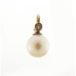 9ct gold cultured pearl and diamond pendant, 1.3cm in length, 1.3g : For Further Condition Reports