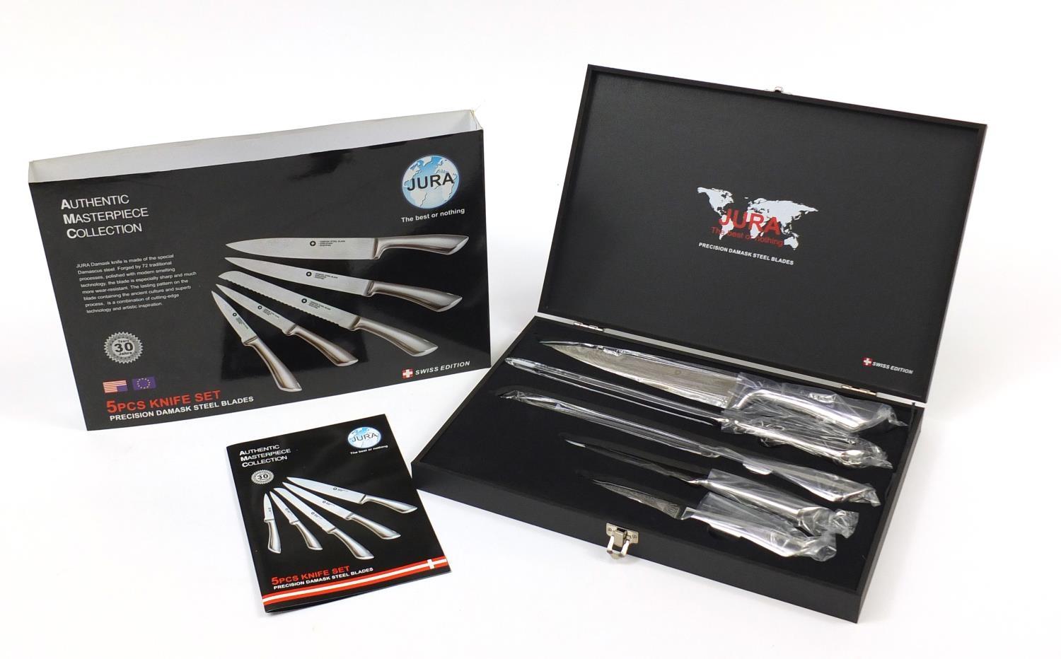 As new Jura Swiss five piece knife set with damask steel blades and fitted case : For Further