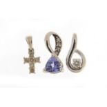 Three 9ct white gold pendants set with stones including amethyst and diamonds, the largest 1.5cm