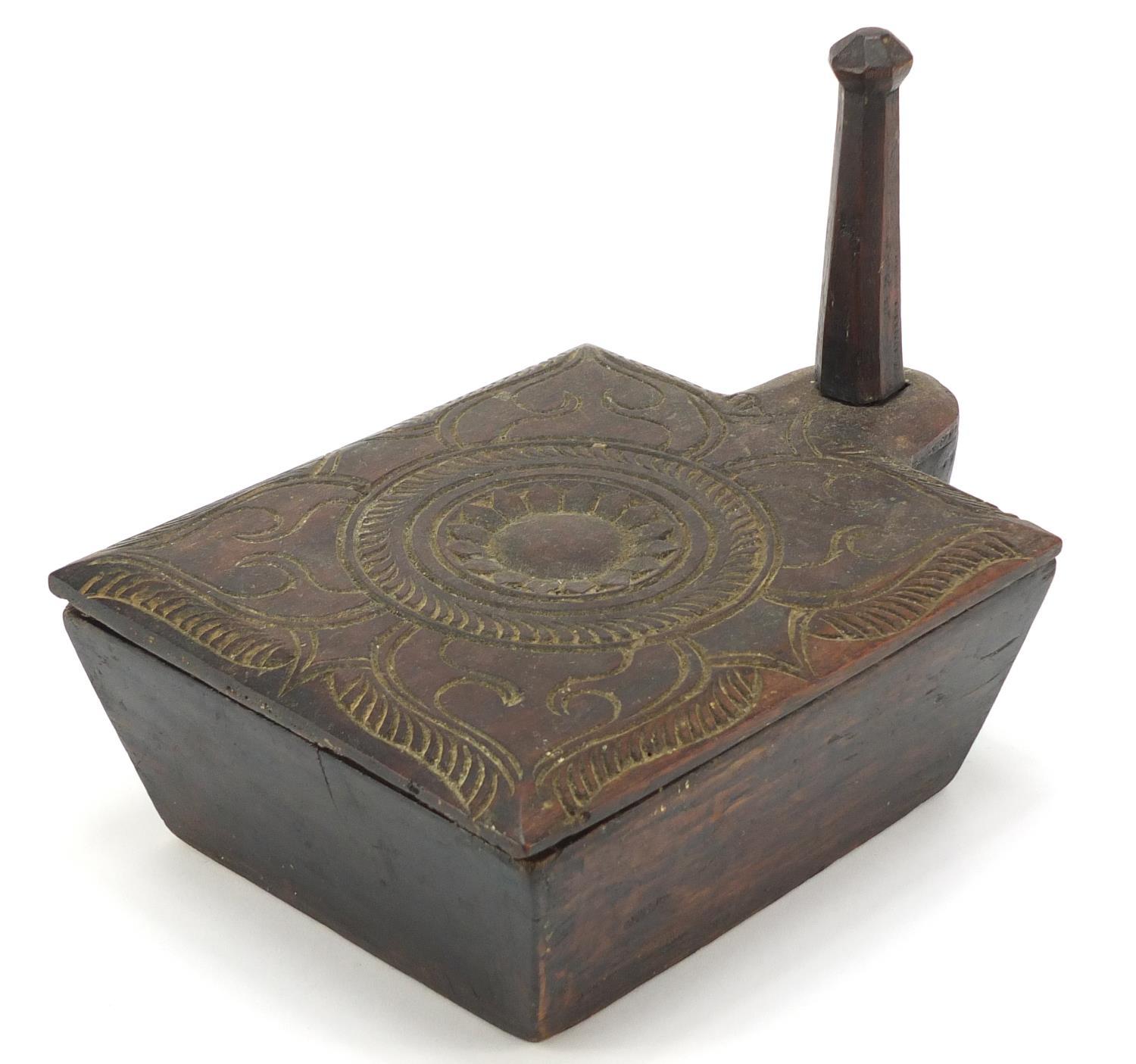 Antique carved wood spice box with sectional interior, 20cm H x 18cm W x 26.5D : For Further