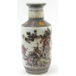 Large Chinese porcelain rouleau vase decorated with cranes in a landscape with peach trees and