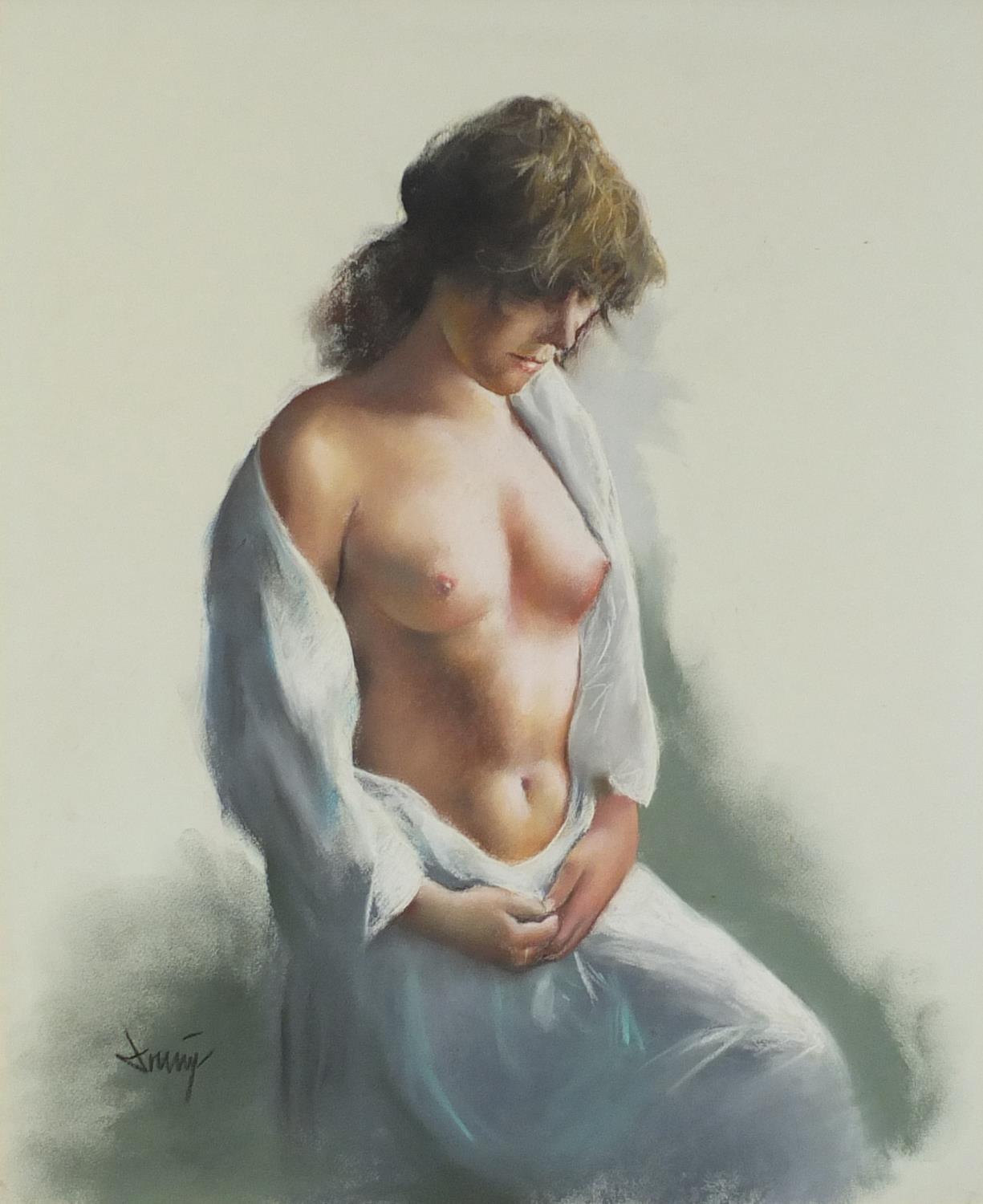 Portrait of a semi nude female, contemporary Impressionist pastel, bearing an indistinct