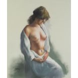 Portrait of a semi nude female, contemporary Impressionist pastel, bearing an indistinct