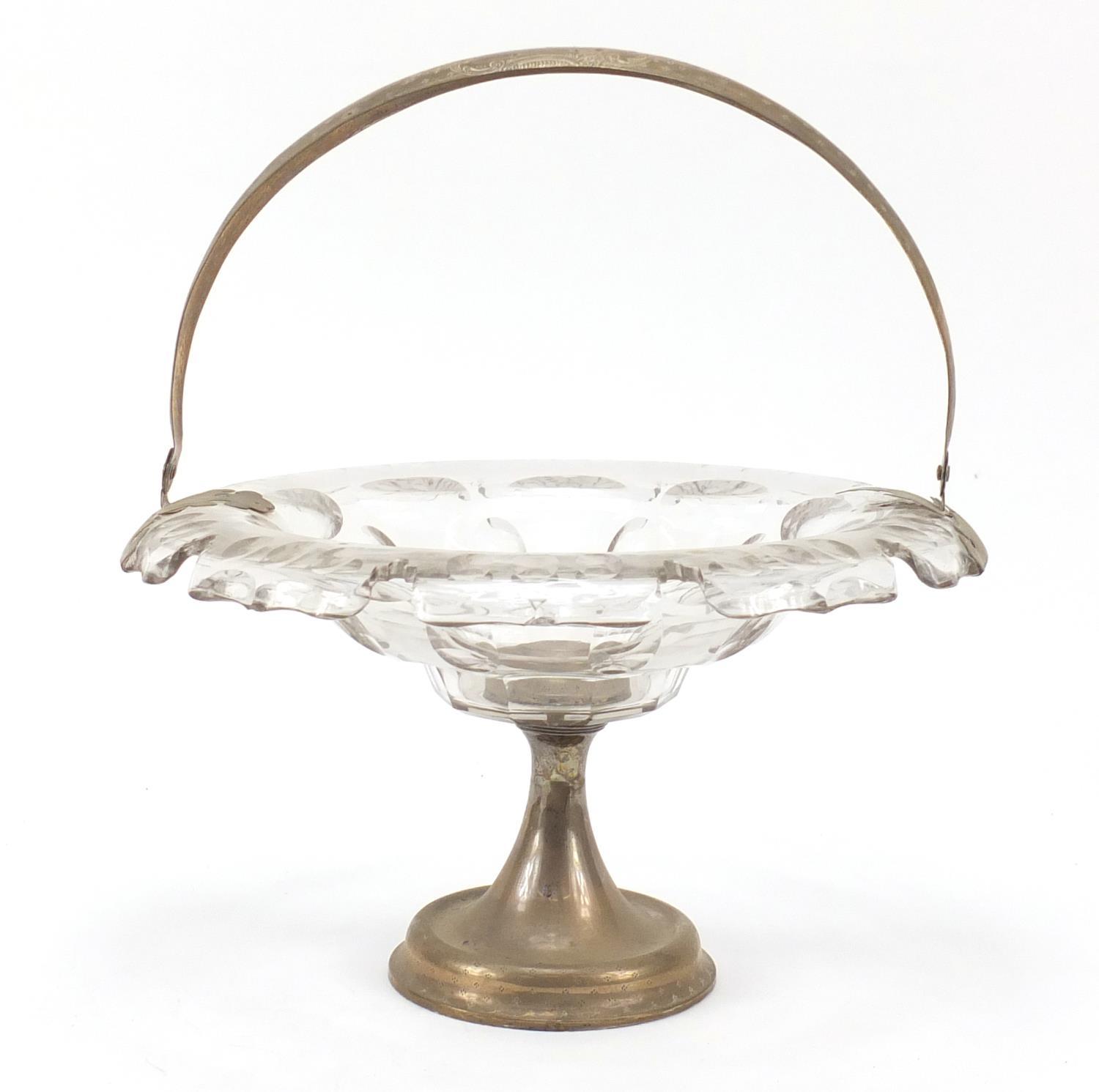 19th century French cut glass baskey with silver swing handle and pedestal, 28cm in diameter : For - Image 2 of 8