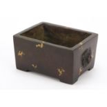 Chinese gold splashed patinated bronze censer with handles, six figure character marks to the