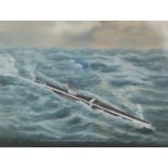 HM Submarine 'L5' from the air, 1918, oil on board, framed, 42cm x 56cm excluding the frame : For