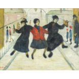 Manner of Laurence Stephen Lowry - Figures dancing in a street, oil on canvas, framed, 34cm x 26cm :