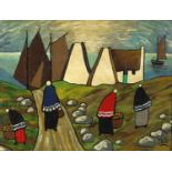 Figures before cottages and water, Irish school oil on canvas, mounted and framed, 43cm x 33cm