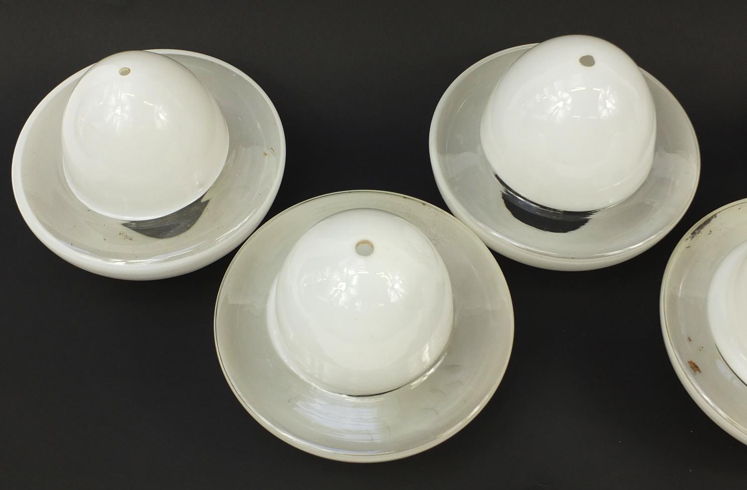 Set of six Art Deco opaque and clear glass light pendants with fittings, each 25cm in diameter : For - Image 4 of 11