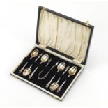 Set of six silver plate apostle spoons and a pair of sugar tongs in fitted case : For Further