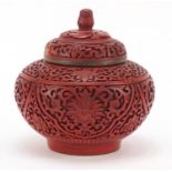 Chinese cinnabar lacquer vase and cover carved with flowers, 16cm high : For Further Condition