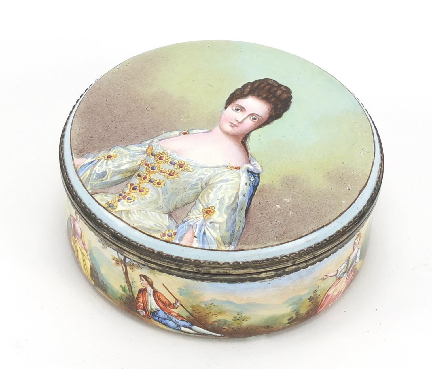 18th century continental silver mounted enamel box and cover, probably French, the lift of lid