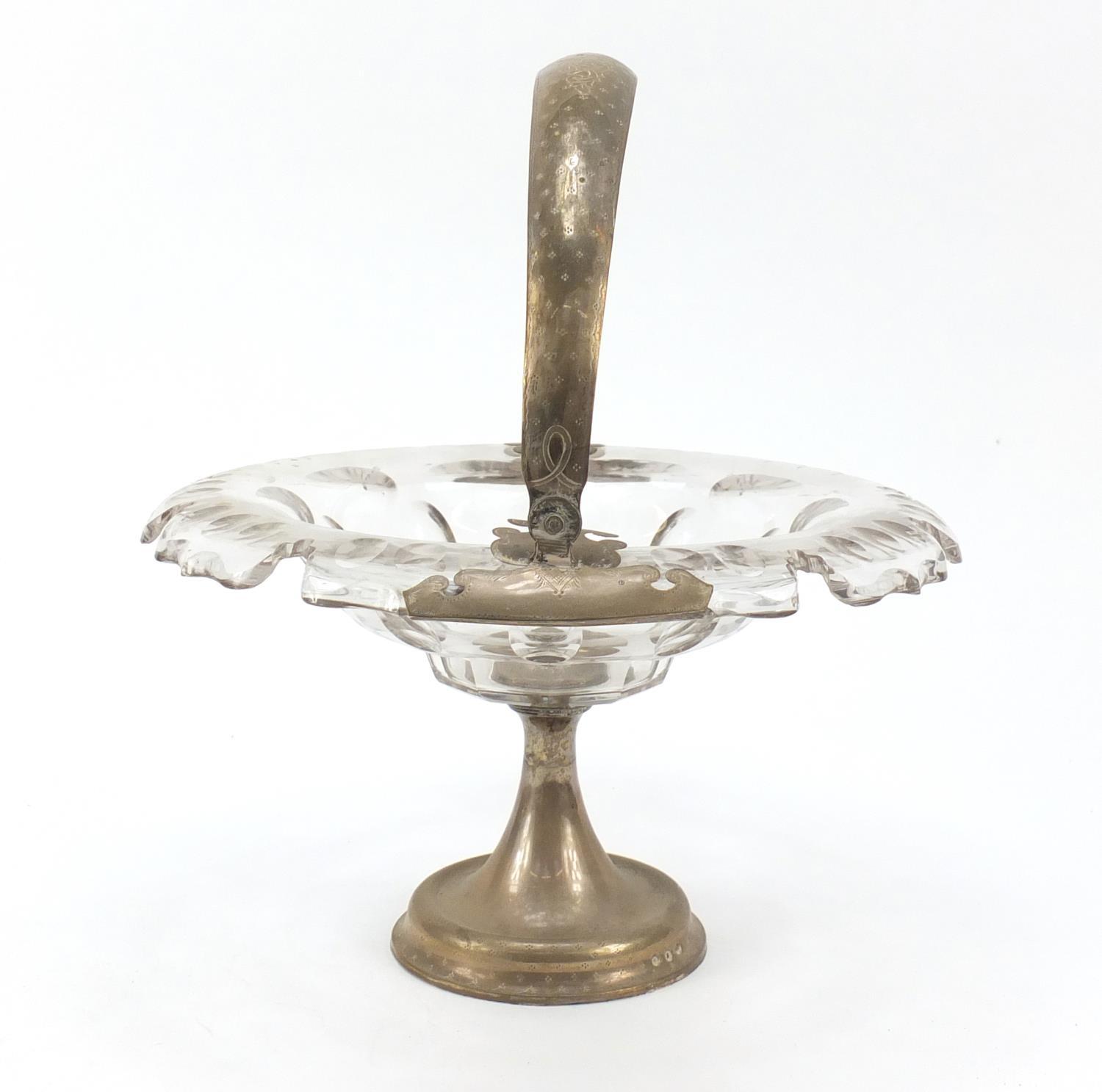 19th century French cut glass baskey with silver swing handle and pedestal, 28cm in diameter : For - Image 3 of 8
