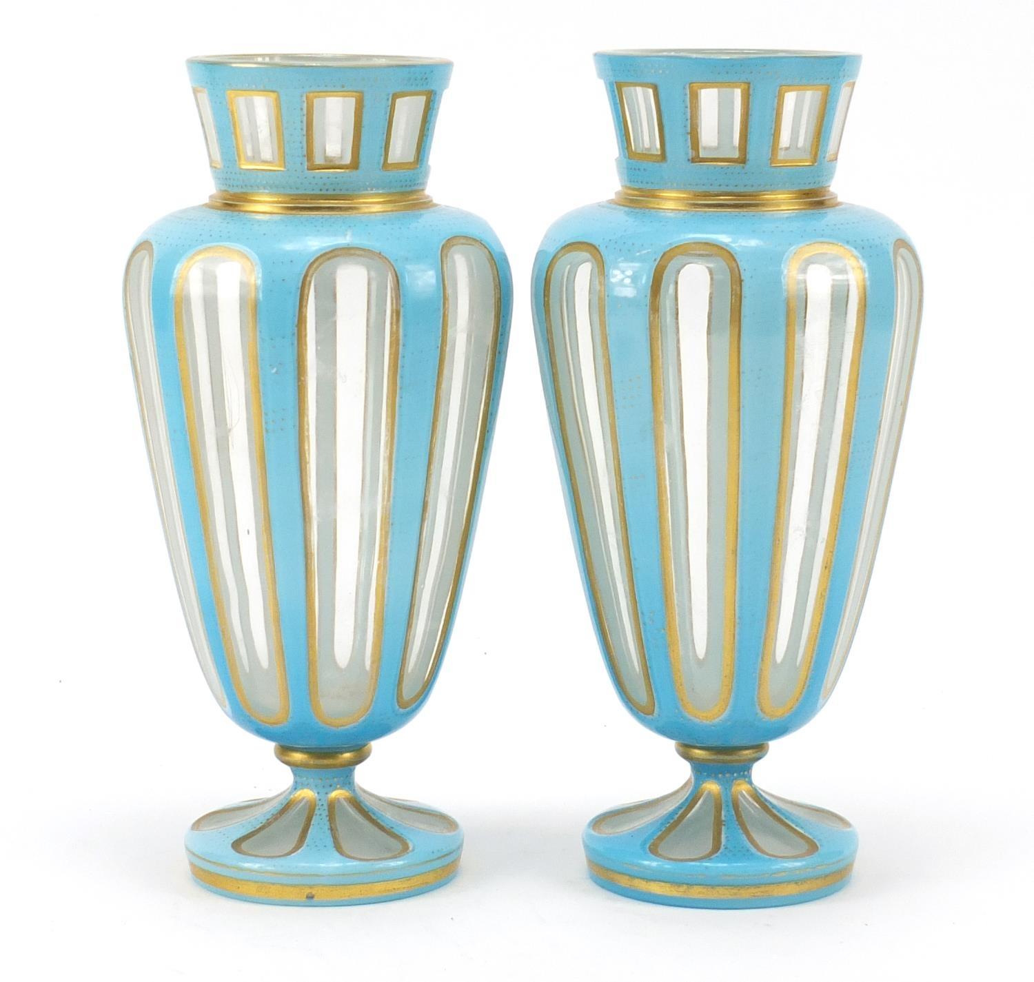 Pair of 19th century French blue opaline vases with gilt borders, 22cm high : For Further